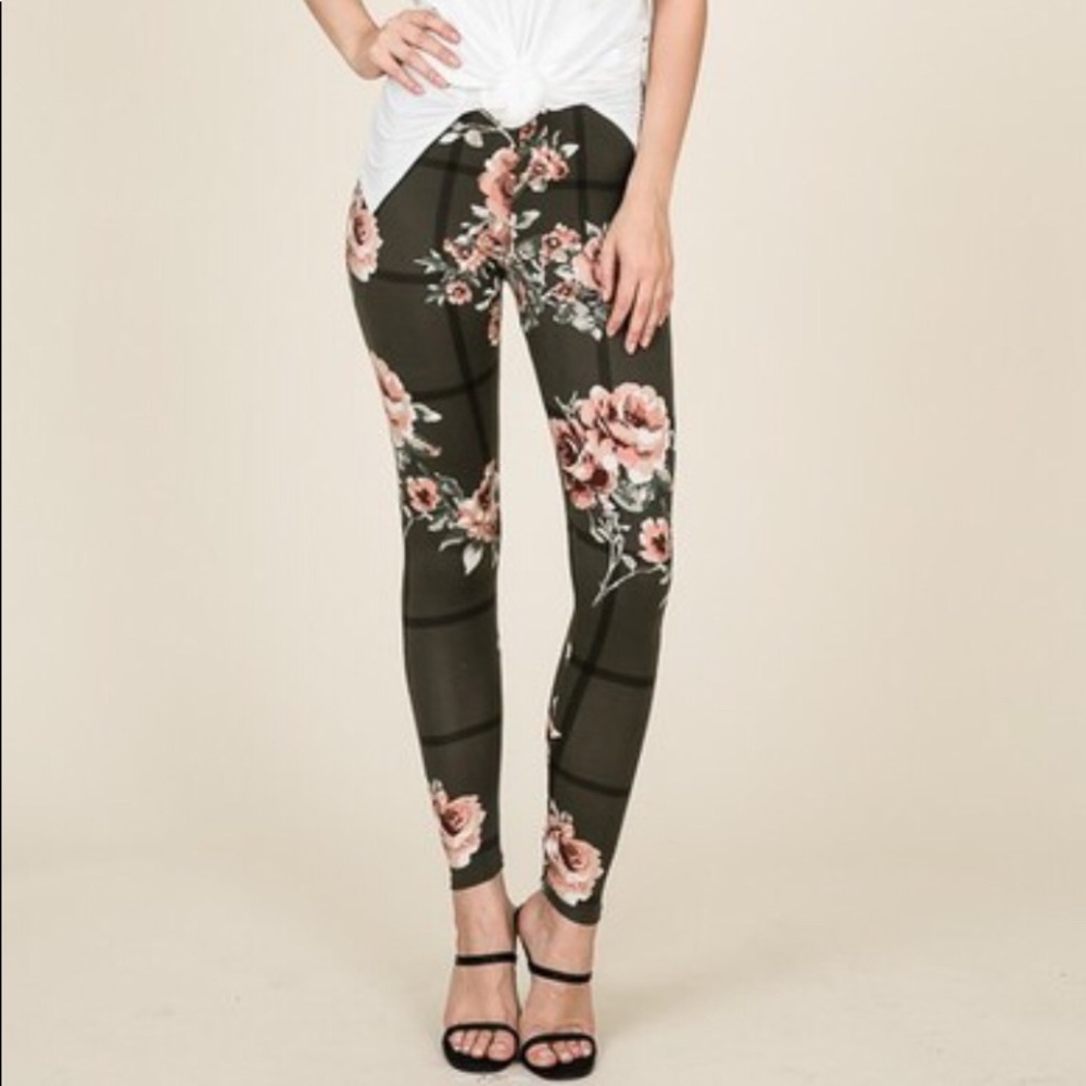 Flower stretch pants olive color